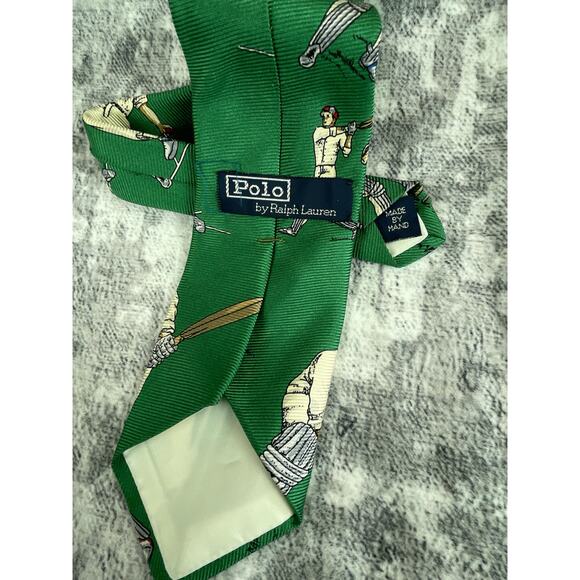 Polo Ralph Lauren Cricket Print Silk Neck Tie Green Vintage-Style Sportswear - Picture 3 of 4